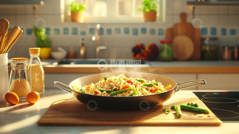 高清大图下载【趣麦麦图】阳光厨房里热气腾腾的炒菜