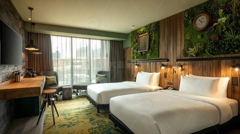 高清大图下载【趣麦麦图】绿色植物墙双床房酒店