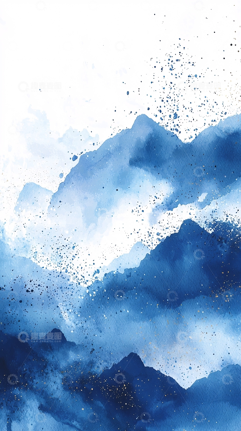 高清大图下载【趣麦麦图】水墨风蓝色山峰意境画