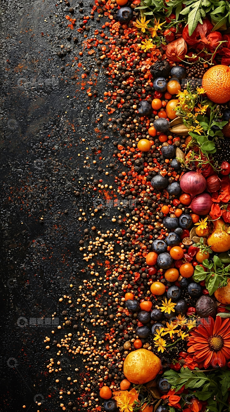 高清大图下载【趣麦麦图】食材丰富的黑色背景装饰画