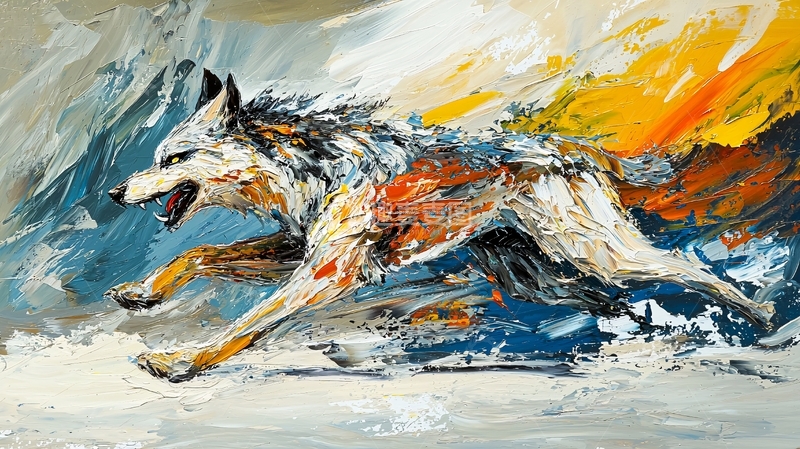 高清大图下载【趣麦麦图】奔腾的狼抽象油画