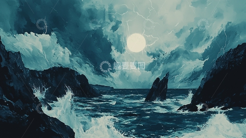 高清大图下载【趣麦麦图】暗色系海边暴风雨夜色