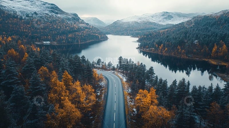 高清大图下载【趣麦麦图】森林中的湖泊公路