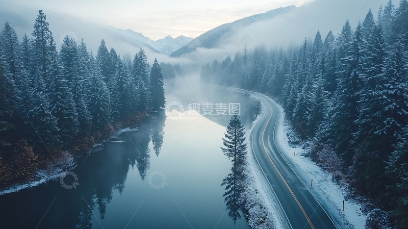 高清大图下载【趣麦麦图】雪山下的公路与河流