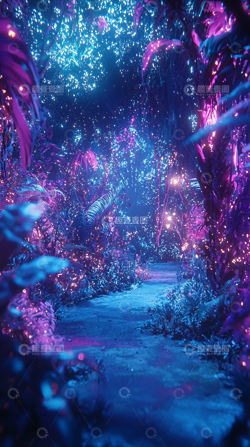 高清大图下载【趣麦麦图】梦幻紫蓝发光植物丛林