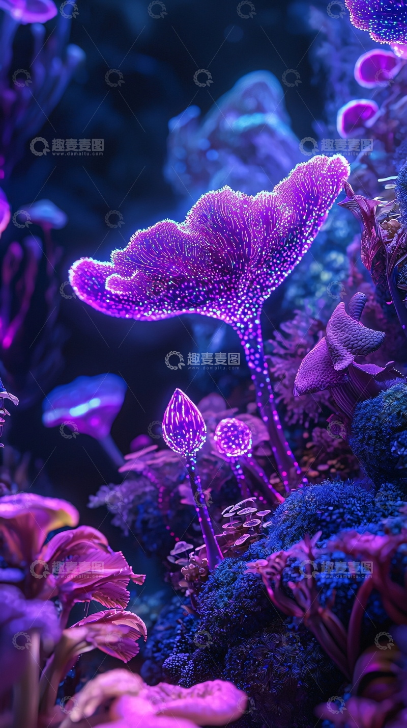 高清大图下载【趣麦麦图】梦幻紫色发光菌菇
