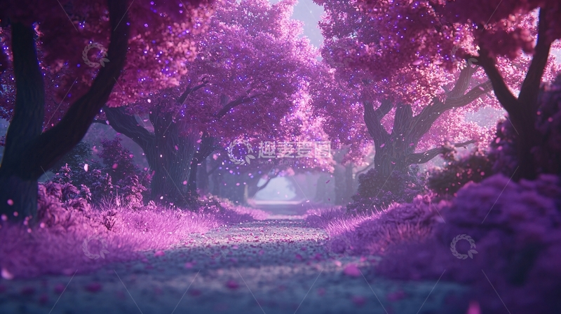 高清大图下载【趣麦麦图】梦幻紫粉色樱花树林小路