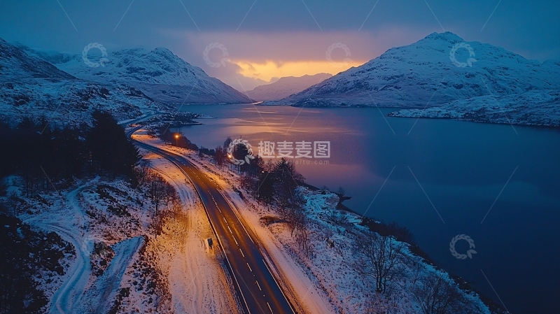 高清大图下载【趣麦麦图】雪山湖泊公路暮色