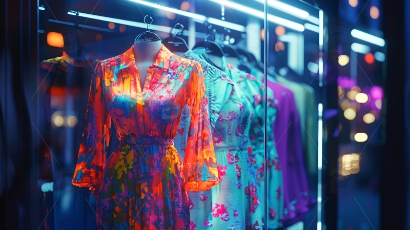 高清大图下载【趣麦麦图】霓虹灯下的时尚女装橱窗