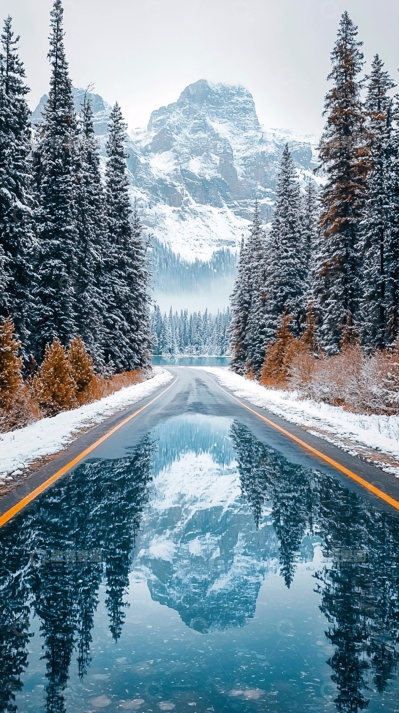 高清大图下载【趣麦麦图】雪山倒影在路面积水