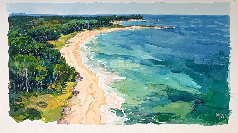 高清大图下载【趣麦麦图】阳光沙滩海浪森林鸟瞰图