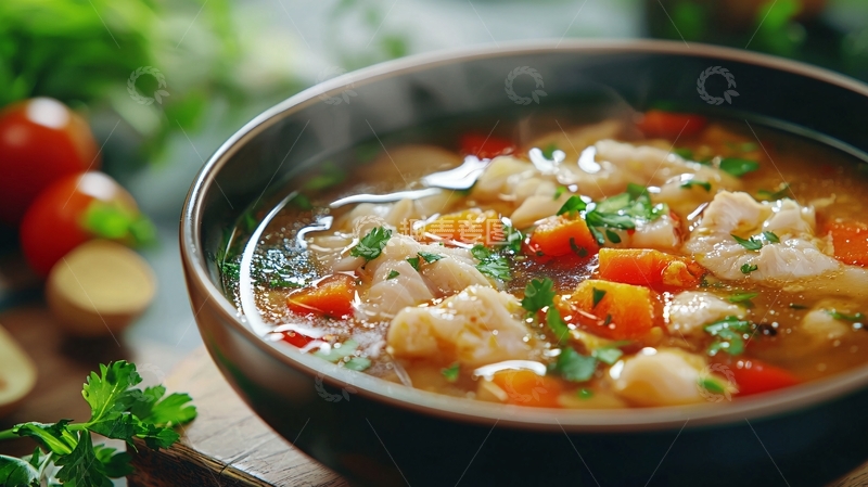 高清大图下载【趣麦麦图】热气腾腾的蔬菜鸡肉汤