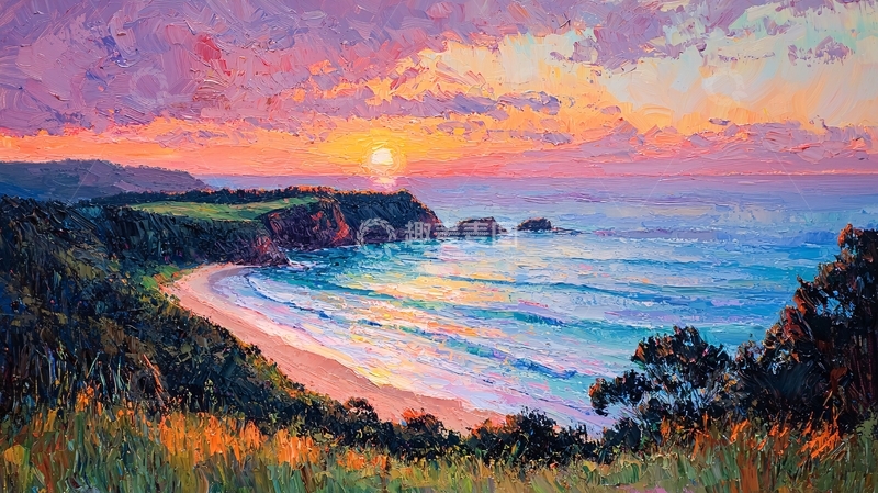 高清大图下载【趣麦麦图】海边日落油画风景