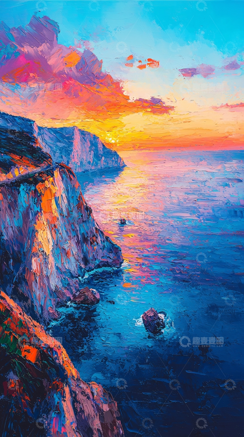 高清大图下载【趣麦麦图】油画风格的海岸日落