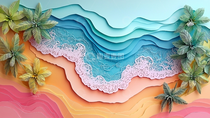 高清大图下载【趣麦麦图】纸艺海滩俯瞰图