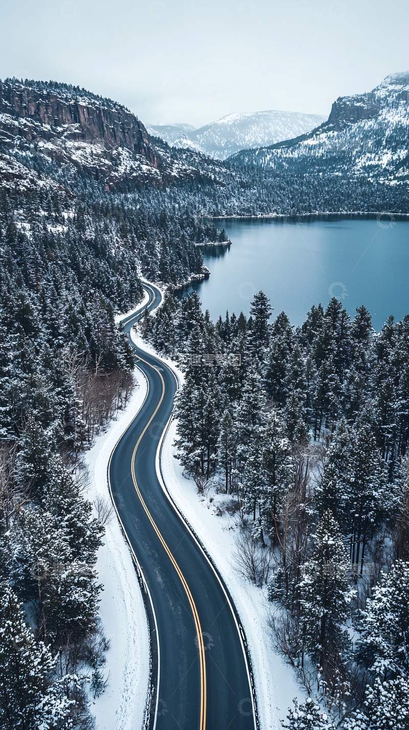 高清大图下载【趣麦麦图】雪山湖泊公路蜿蜒
