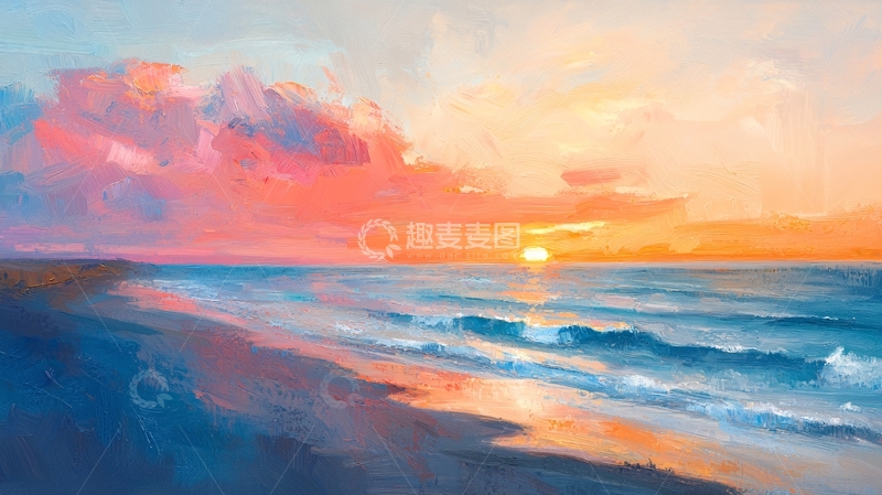 高清大图下载【趣麦麦图】海边日落的油画风景