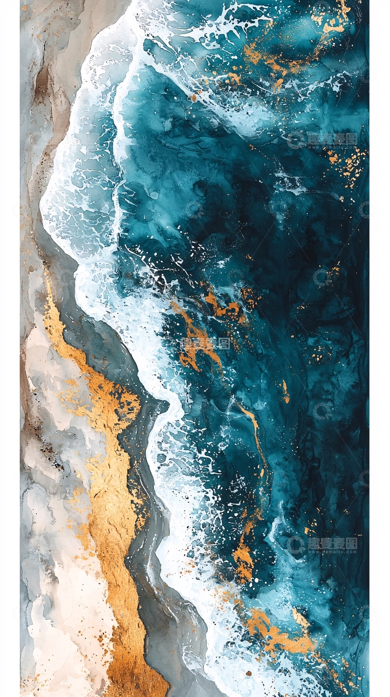 高清大图下载【趣麦麦图】金色沙滩蓝色海浪的抽象画