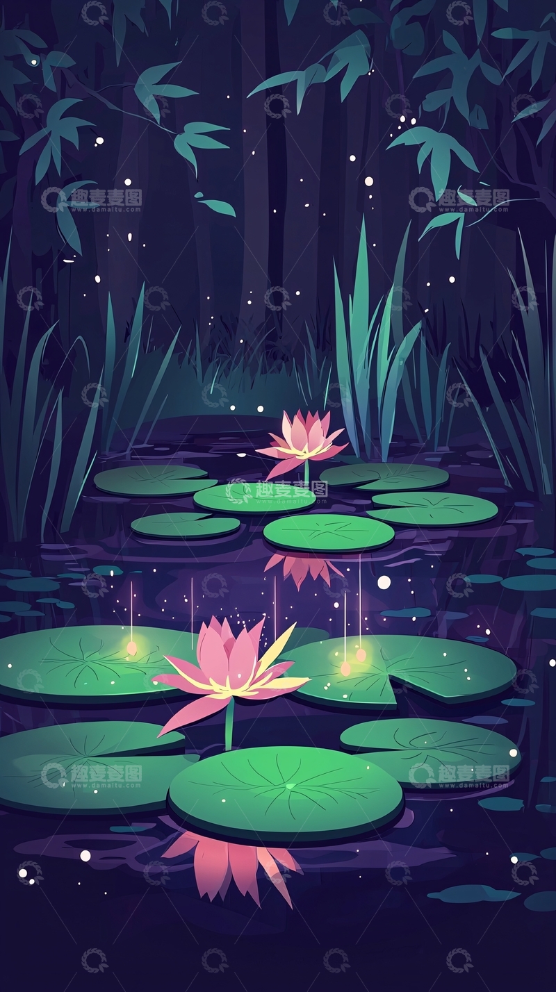 高清大图下载【趣麦麦图】梦幻夜晚莲花池塘