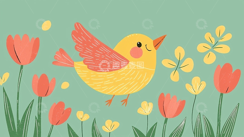高清大图下载【趣麦麦图】可爱小鸟飞过郁金香花田