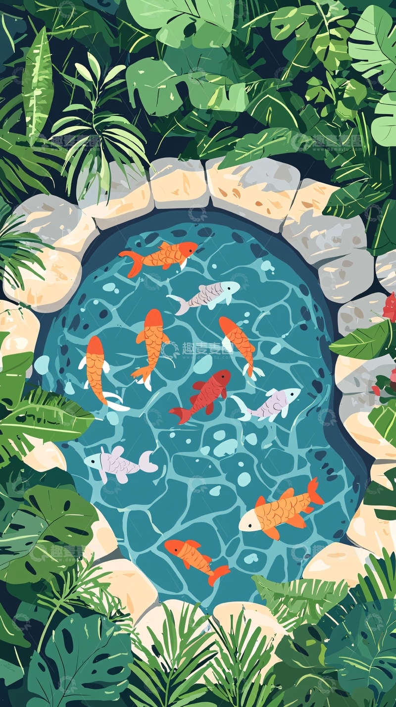 高清大图下载【趣麦麦图】热带植物环绕的锦鲤池塘