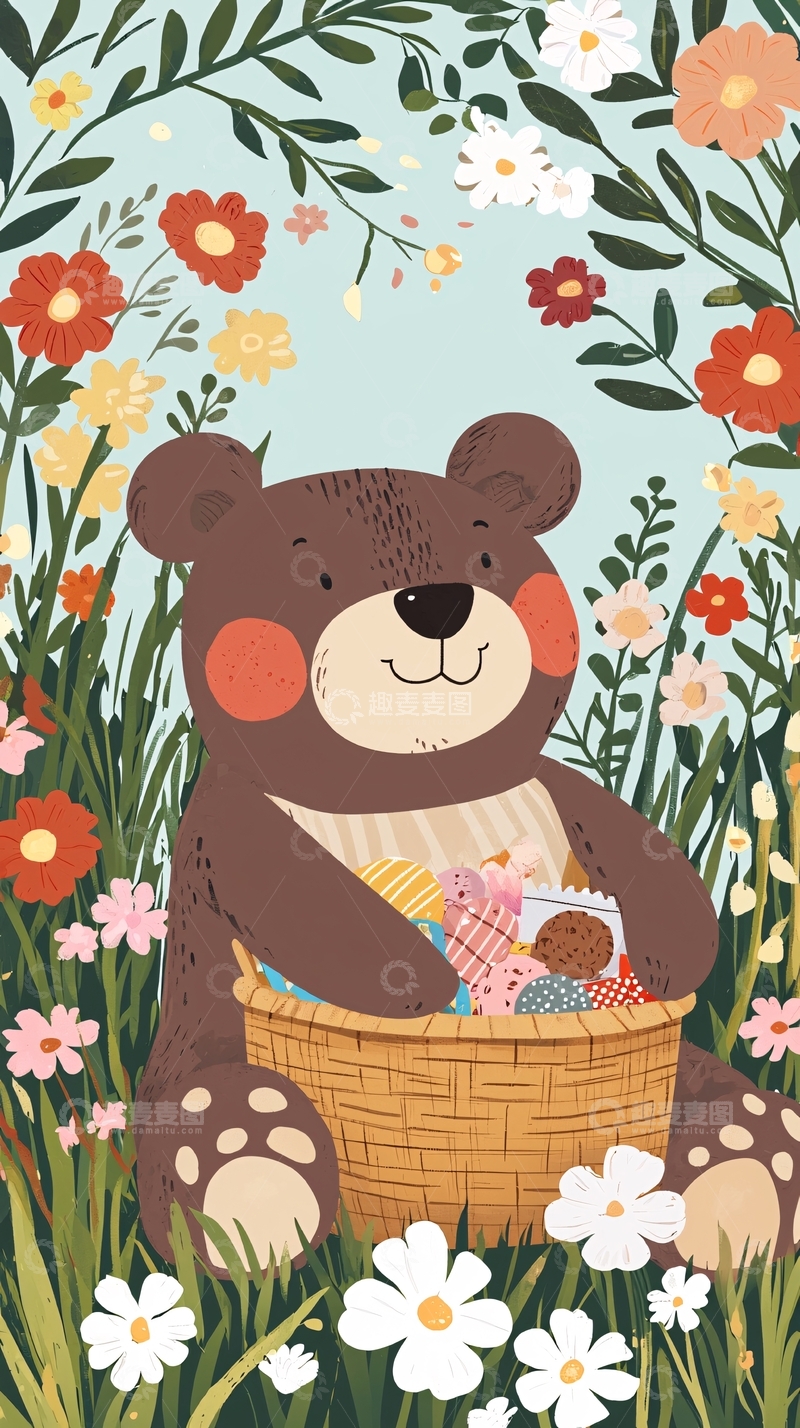 高清大图下载【趣麦麦图】小熊野餐花丛图