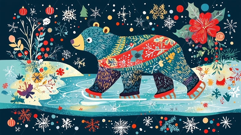 高清大图下载【趣麦麦图】冬日冰上滑冰的彩绘北极熊