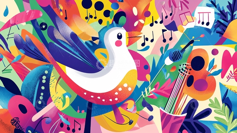高清大图下载【趣麦麦图】彩色小鸟音乐元素插画