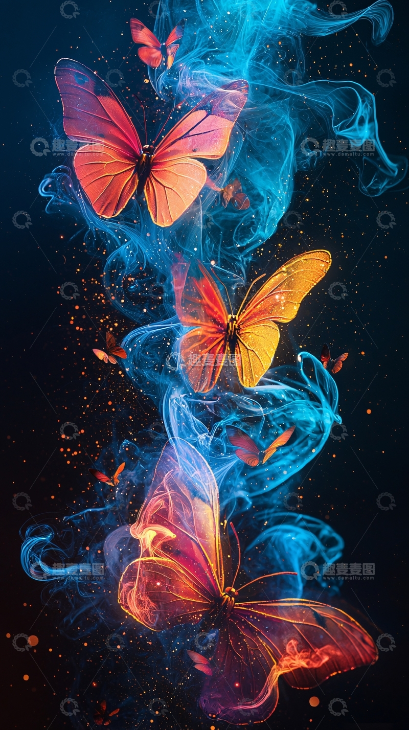 高清大图下载【趣麦麦图】多彩蝴蝶与蓝色烟雾缠绕的梦幻场景