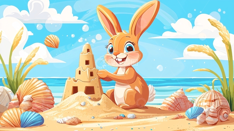 高清大图下载【趣麦麦图】沙滩上玩耍的可爱小兔子