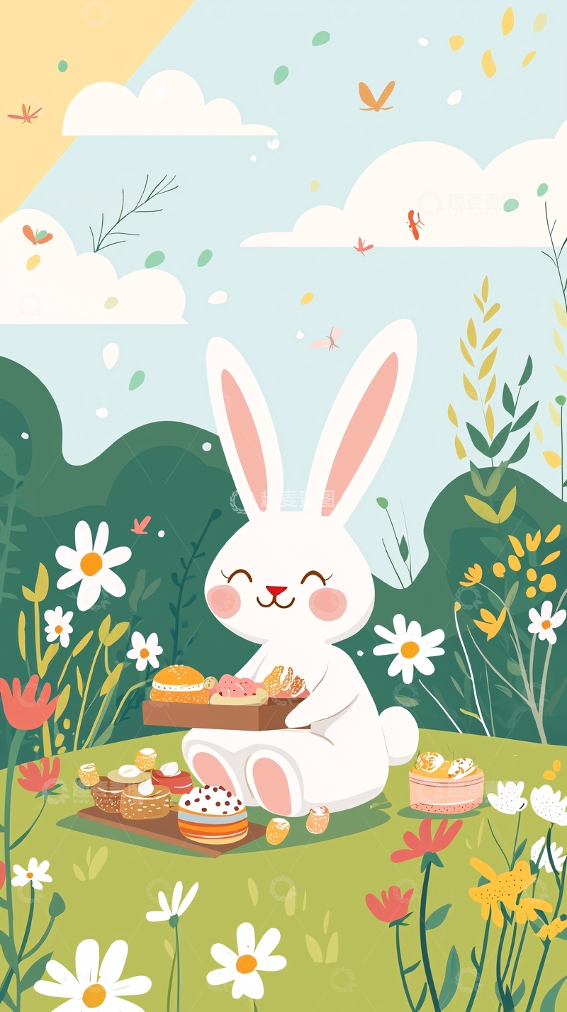 高清大图下载【趣麦麦图】可爱兔子野餐复活节