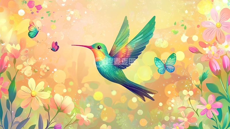 高清大图下载【趣麦麦图】彩虹蜂鸟与花蝶