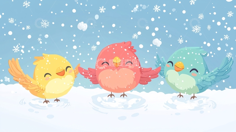 高清大图下载【趣麦麦图】雪中三只可爱小鸟