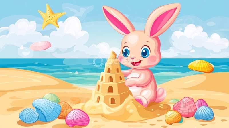 高清大图下载【趣麦麦图】沙滩上玩耍的粉色兔子