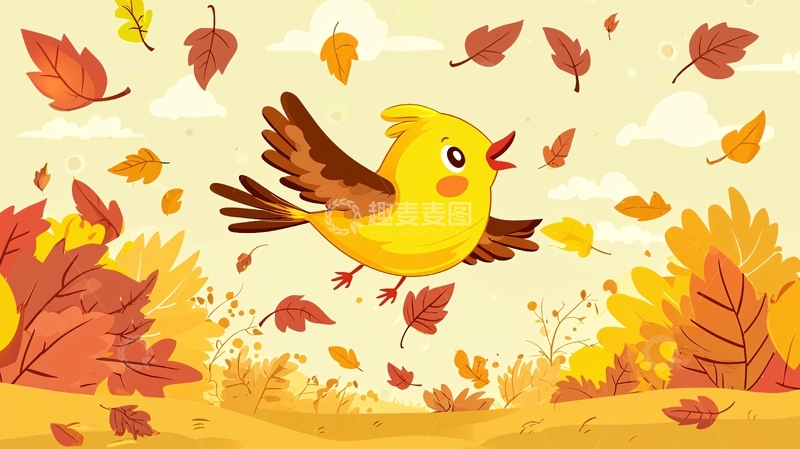 高清大图下载【趣麦麦图】黄色小鸟飞翔秋叶