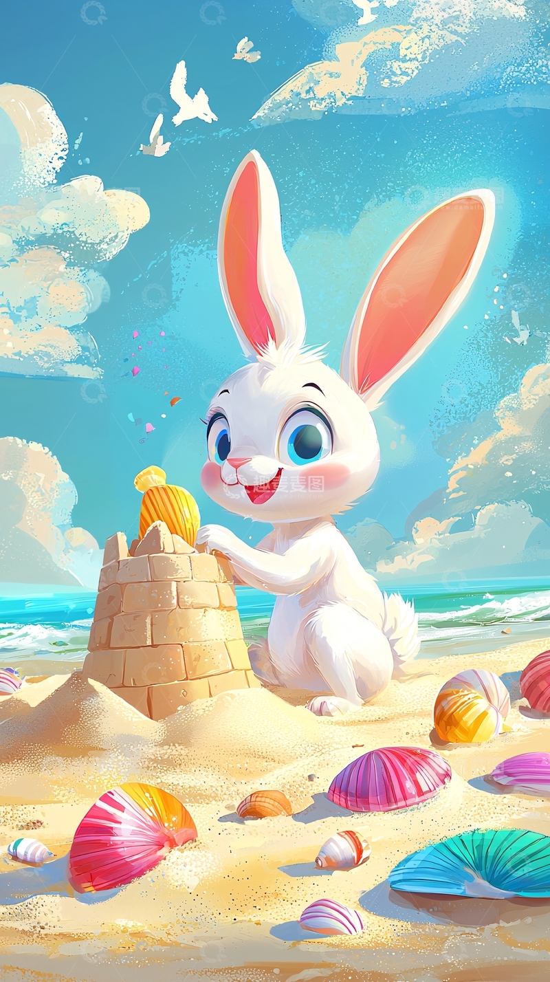 高清大图下载【趣麦麦图】沙滩上玩耍的可爱小白兔