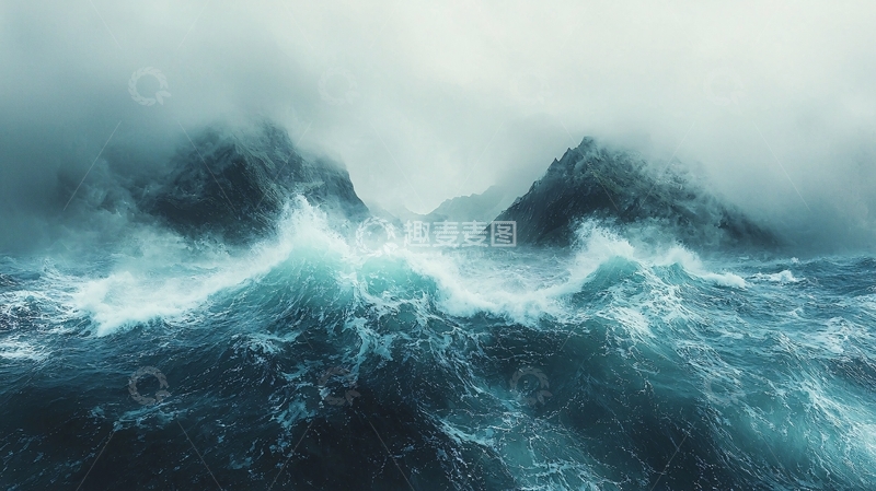 高清大图下载【趣麦麦图】汹涌波涛中雾气笼罩的山峰
