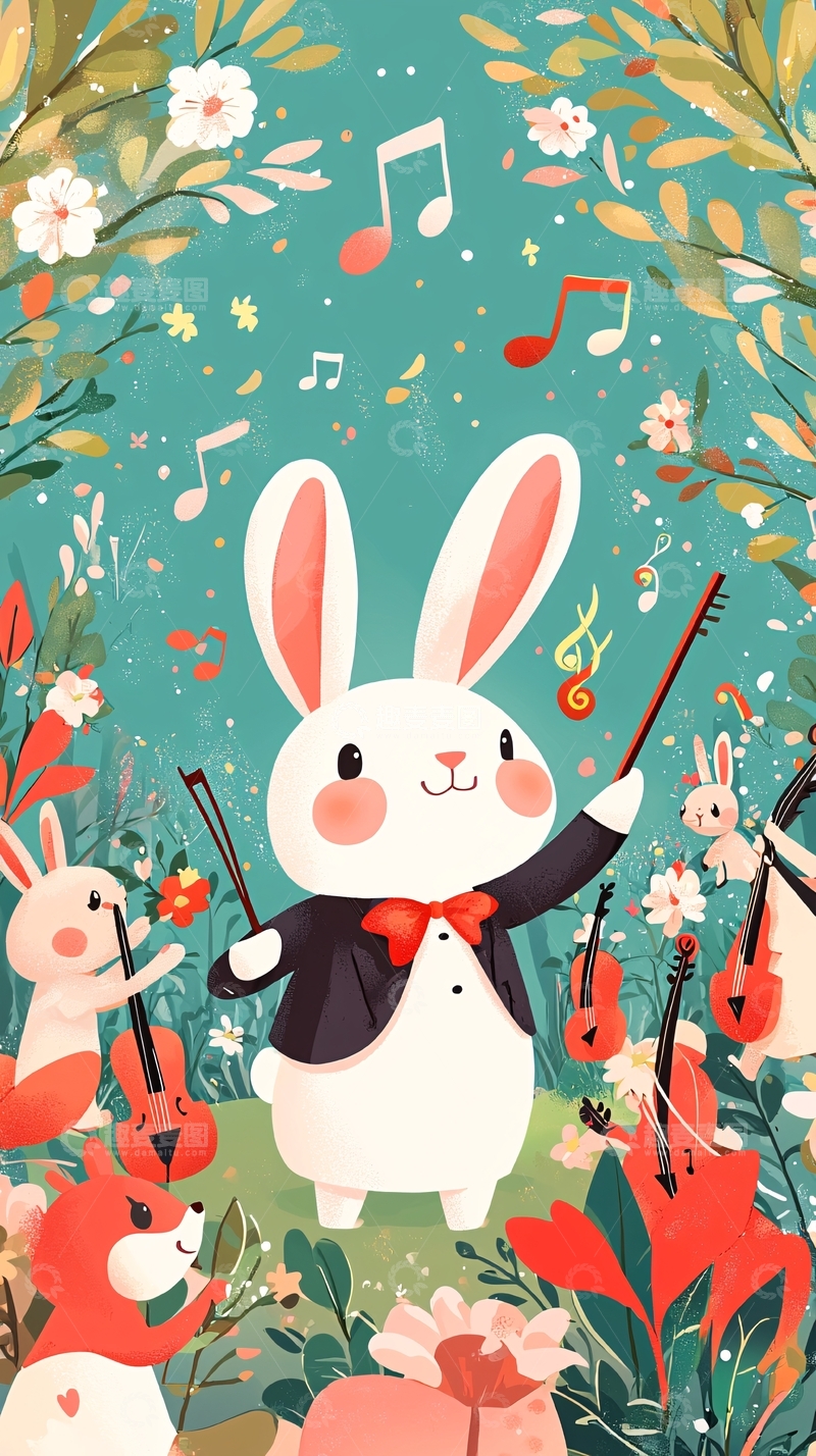 高清大图下载【趣麦麦图】可爱小白兔指挥乐团