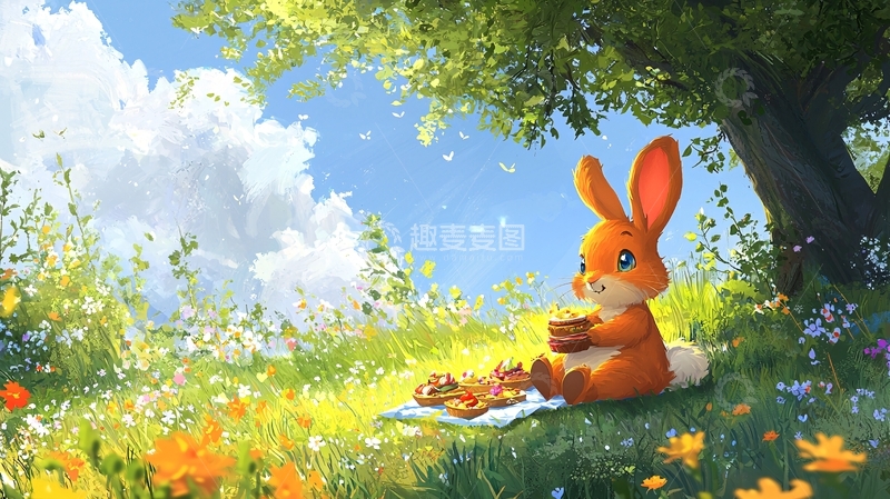 高清大图下载【趣麦麦图】阳光下野餐的小兔子