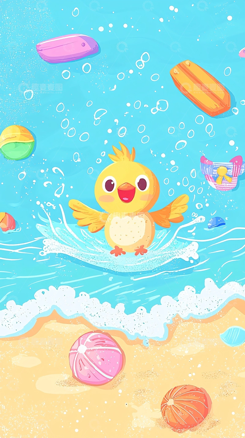 高清大图下载【趣麦麦图】小黄鸭戏水夏日海滩