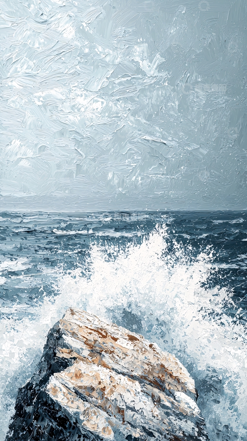 高清大图下载【趣麦麦图】海浪冲击岩石的油画
