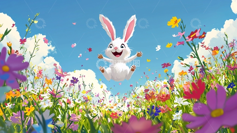 高清大图下载【趣麦麦图】快乐兔子跳跃花海