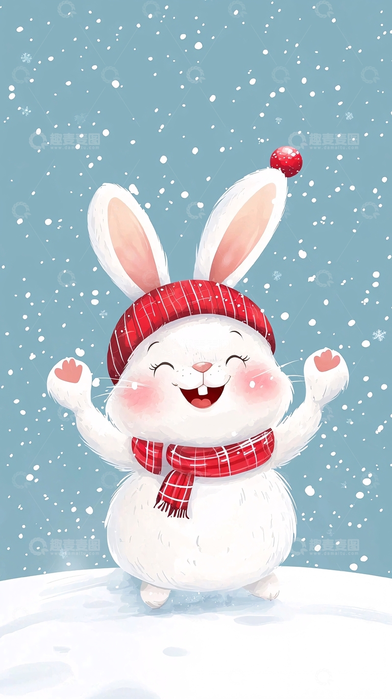 高清大图下载【趣麦麦图】戴红帽围巾的兔子玩雪