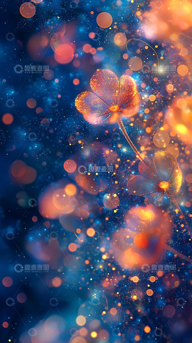 高清大图下载【趣麦麦图】梦幻蓝色橙色光斑花朵