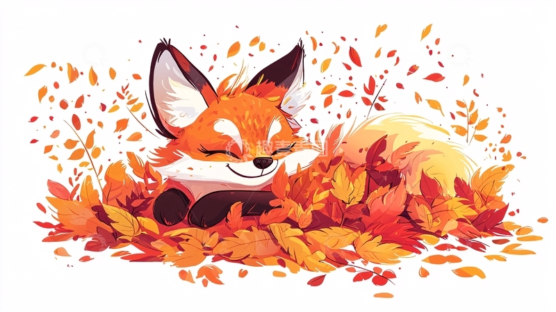 高清大图下载【趣麦麦图】可爱狐狸秋天落叶堆