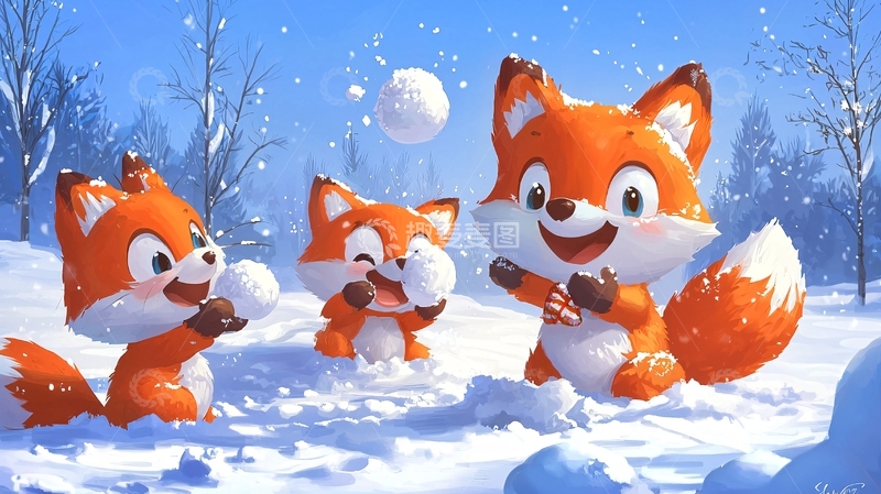 高清大图下载【趣麦麦图】可爱狐狸玩雪