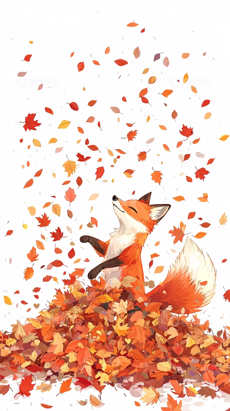 高清大图下载【趣麦麦图】秋天红狐狸落叶堆