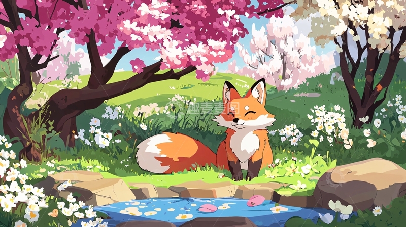 高清大图下载【趣麦麦图】春日小溪边一只狐狸
