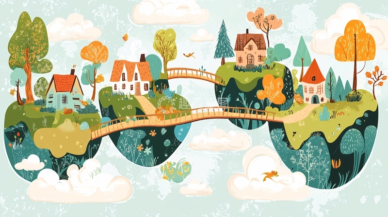 高清大图下载【趣麦麦图】童话风格漂浮岛屿村庄