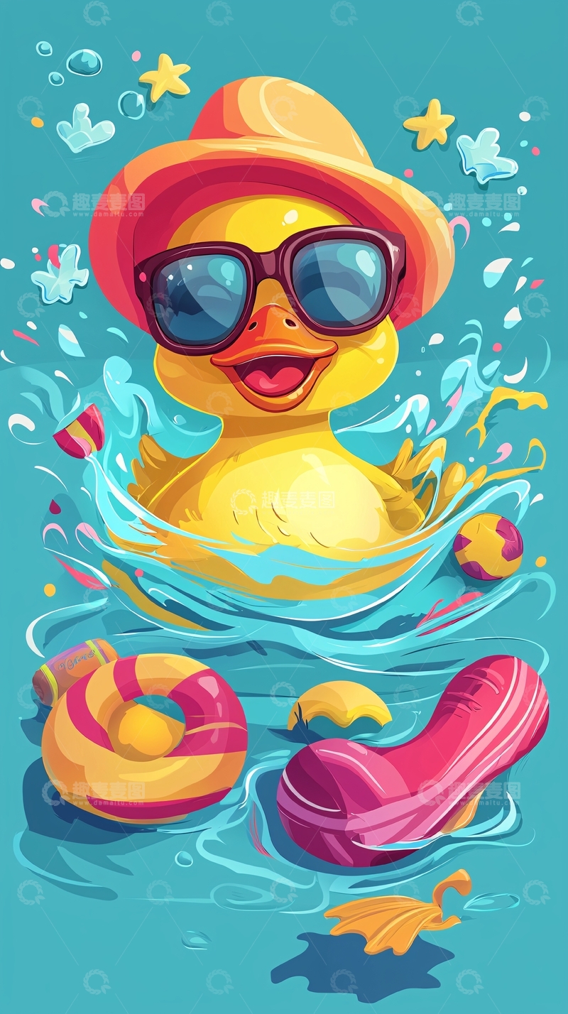 高清大图下载【趣麦麦图】戴墨镜的小黄鸭游泳